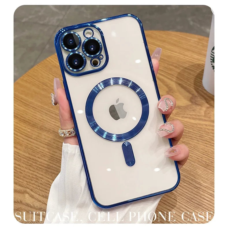 Luxury Plating For Magsafe Case For iPhone 16 15 14 13 12 11 Pro Max Wireless Charge Magnetic Cover With Camera Lens Protector