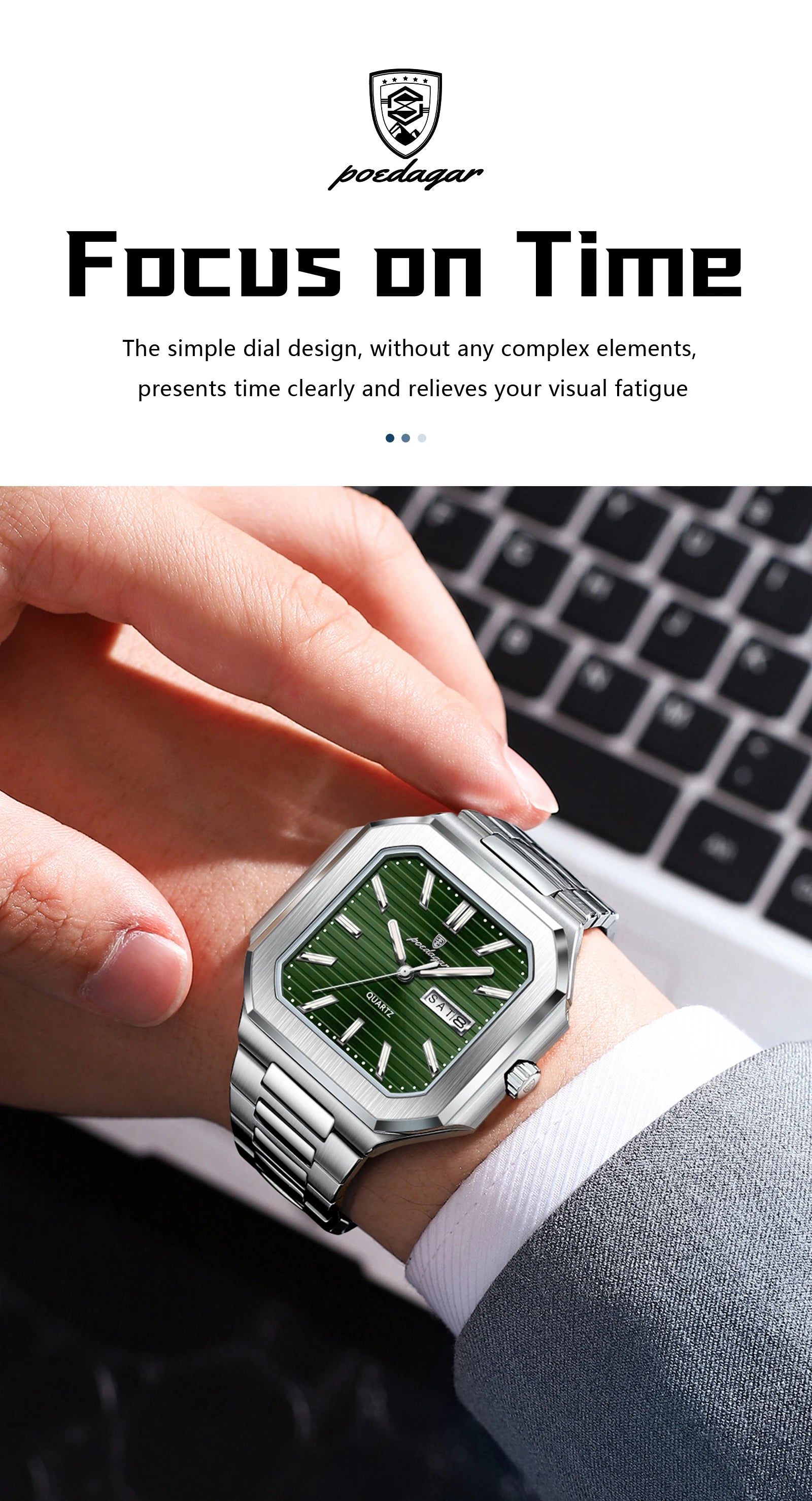 POEDAGAR Luxury Square Male Watch Waterproof Luminous Date Week Quartz Watches For Men Stainless Steel Fashion Men's Clock Reloj