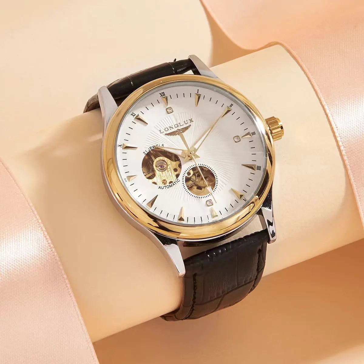 Automatic watch elegant skeleton waterproof mechanical watches leather simple rome mens watch men gift