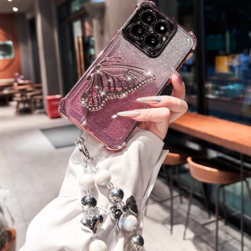 Shockproof Plating Glitter Butterfly Bracket Bracelet Case for iPhone 17 Air 16 15 14 13 12 11 17 Pro Max 16 Plus 16E Soft Cover