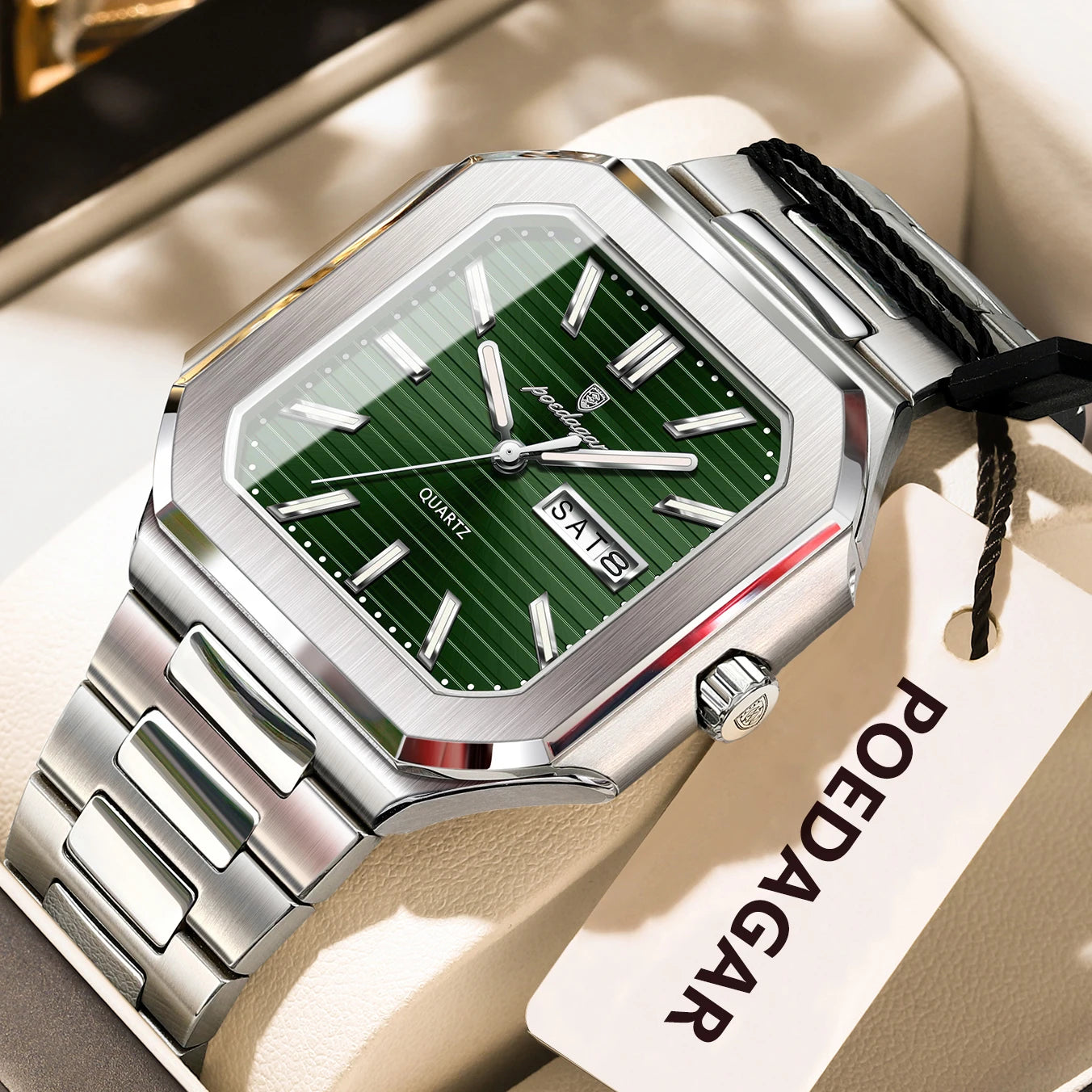 POEDAGAR Luxury Square Male Watch Waterproof Luminous Date Week Quartz Watches For Men Stainless Steel Fashion Men's Clock Reloj