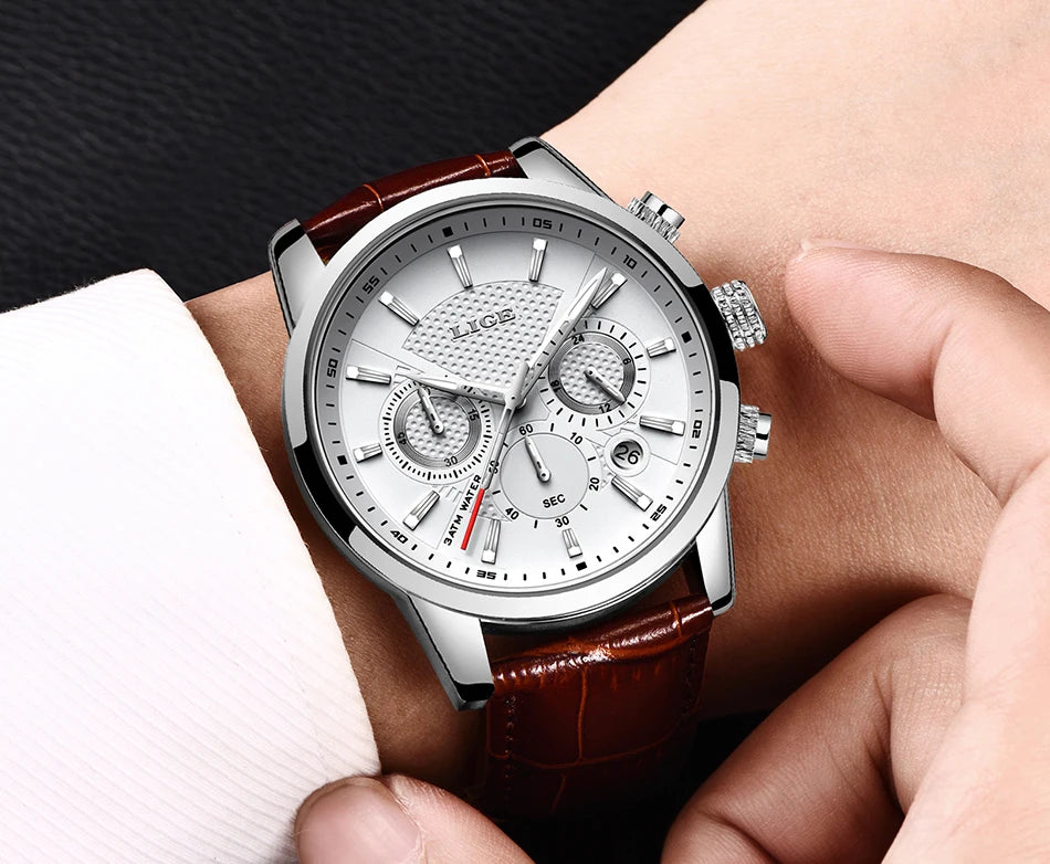 LIGE New Brown Leather Watch for Men Fashion Top Brand Luxury Men's Quartz Wristwatches Casual Waterproof Luminous Chronograph