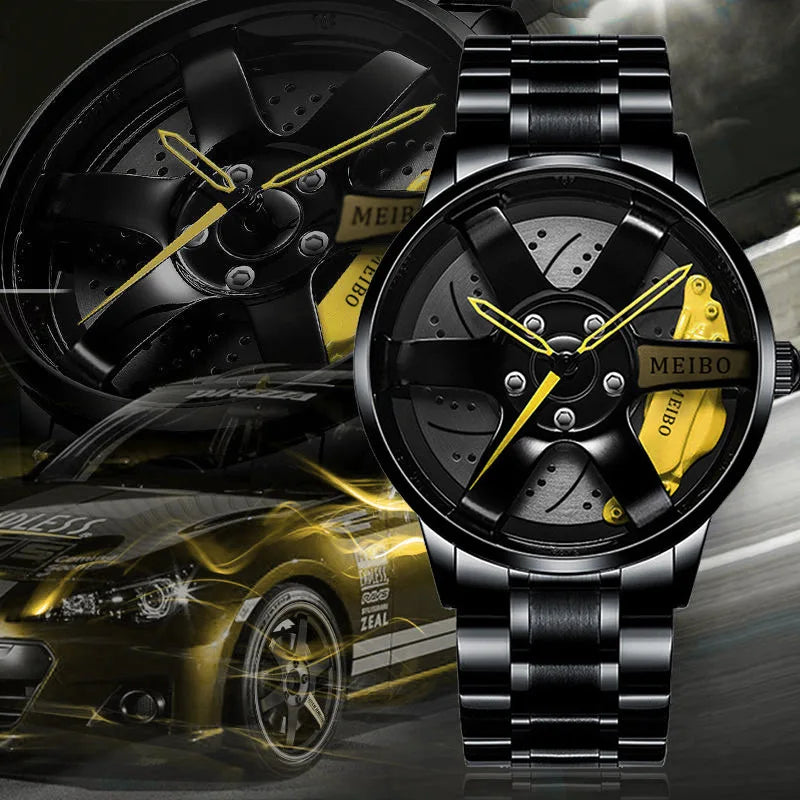New Fashion Men Leather Watches Men Car Wheel Hub Stainless Steel Quartz Watch For Mens Military Sports Watch Relogio Masculino
