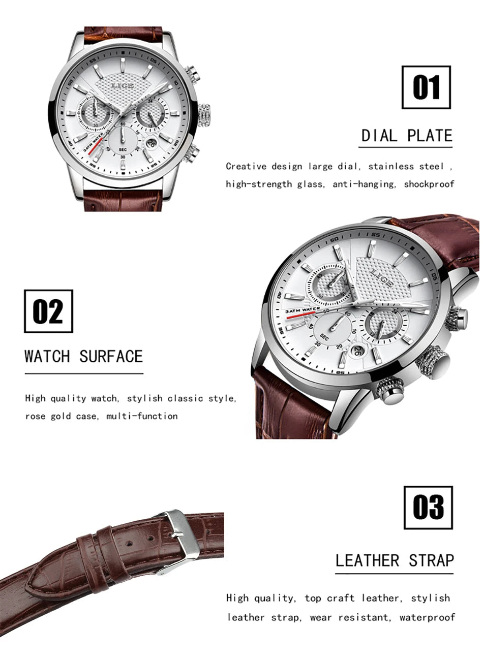 LIGE New Brown Leather Watch for Men Fashion Top Brand Luxury Men's Quartz Wristwatches Casual Waterproof Luminous Chronograph