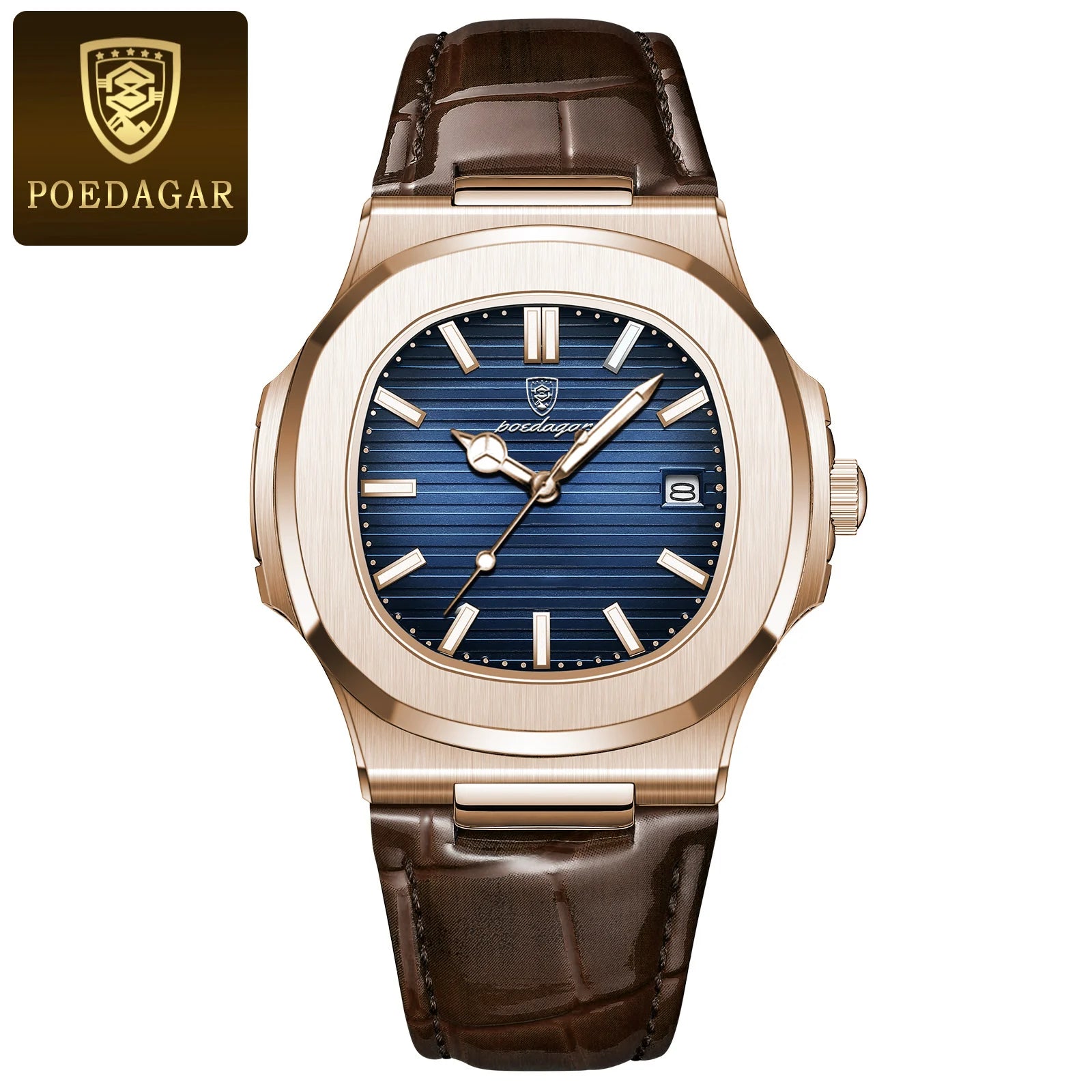 POEDAGAR Business Man Watch Date Waterproof Luminous Leather Classic Watches For Men High Quality Square Quartz Men's Wristwatch