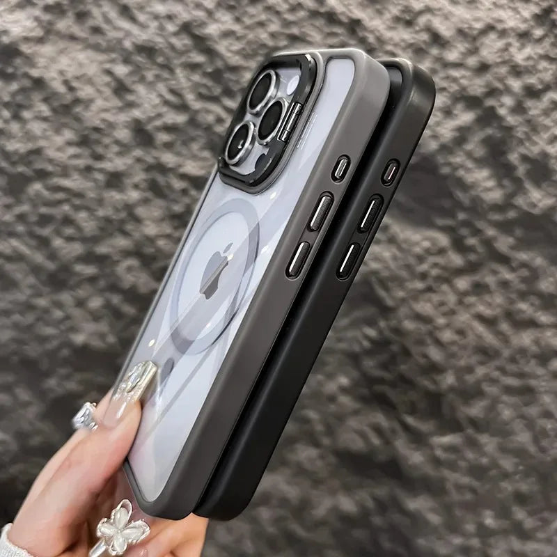 Luxury Magnetic Shockproof Phone Case For iPhone 17 15 16 14 13 12 11 Pro Max For Magsafe Funda Stand Glass Lens Protector Cover