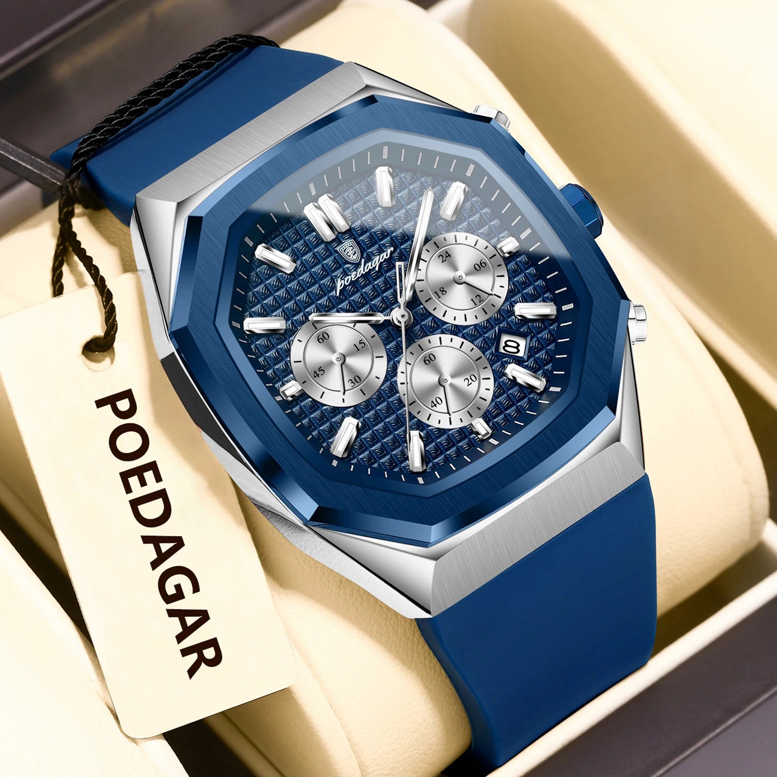 POEDAGAR Business Men's Wristwatch Chronograph Date Silicone Strap Man Watch Waterproof Luminous Military Quartz Watches For Men