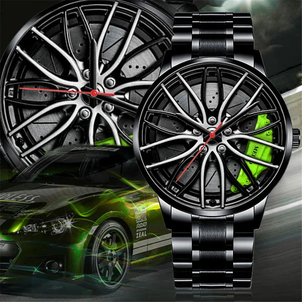 New Fashion Men Leather Watches Men Car Wheel Hub Stainless Steel Quartz Watch For Mens Military Sports Watch Relogio Masculino