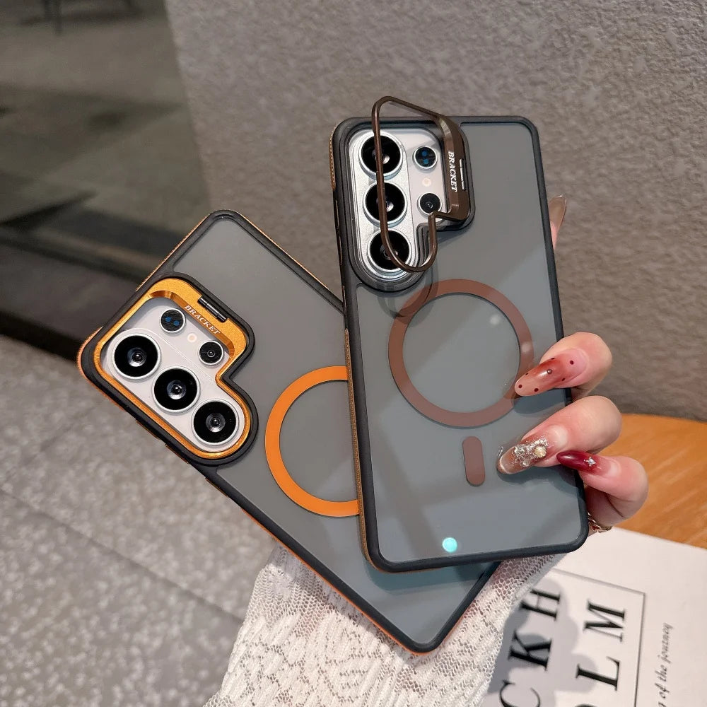 Flip Metal Lens Holder Case for Samsung Galaxy S26 Ultra S25 S22 S24 S23 Ultra FE S26 Edge Plus Magnetic Wireless Charging Cover