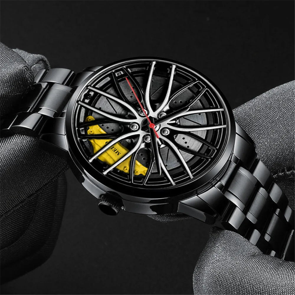 New Fashion Men Leather Watches Men Car Wheel Hub Stainless Steel Quartz Watch For Mens Military Sports Watch Relogio Masculino