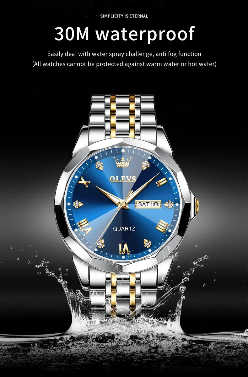 OLEVS Men's Watches Rhombus Mirror Original Quartz Watch for Man Waterproof Luminous Stainless Steel Wristwatch Male Date Week