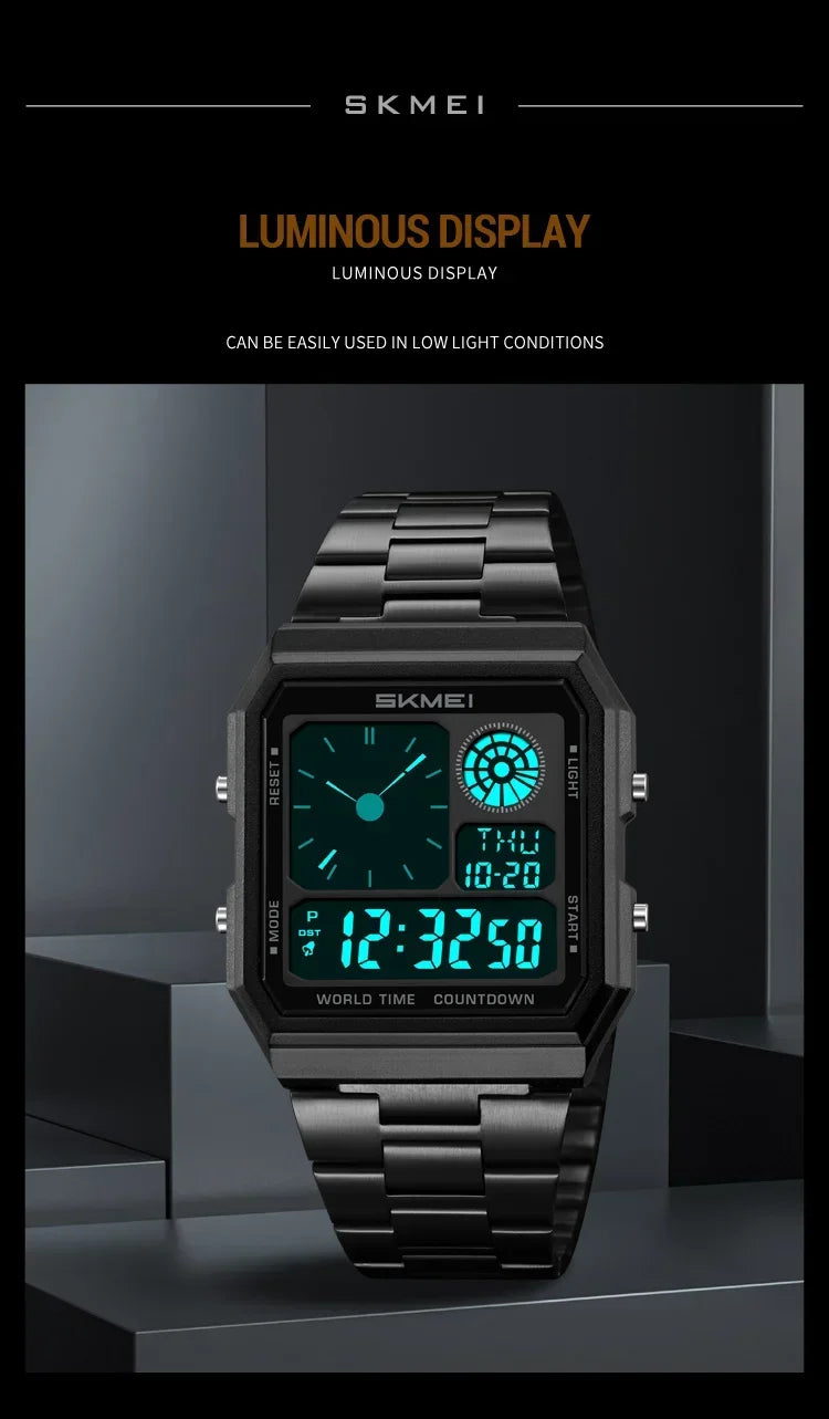 SKMEI 2353 Waterproof Outdoor Sport Stainless Steel Strip Wristwatches Reloj Hombre World Digital Electronic Watch For Men Women