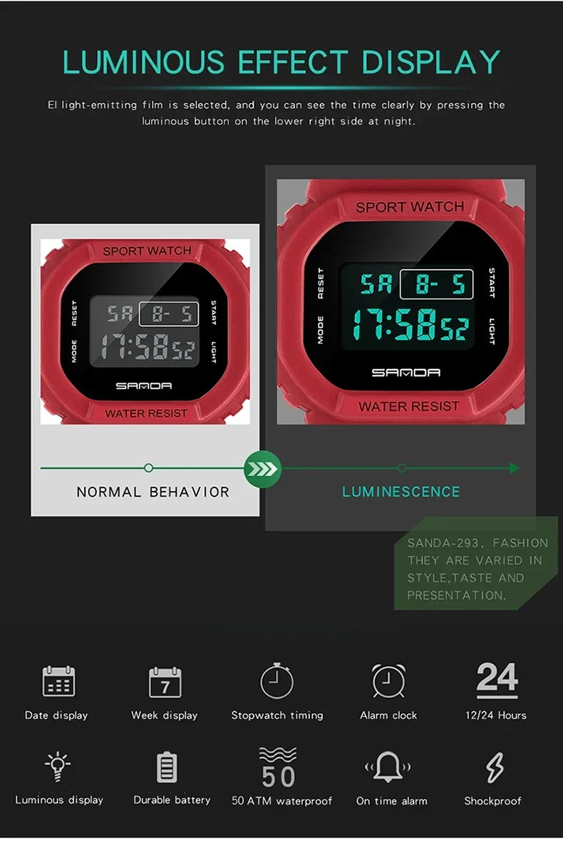 SANDA 293  Waterproof Watch Fashion Brand Ladies Watches For Women Sport Digital Wristwatches Female Clock LED Display 50m