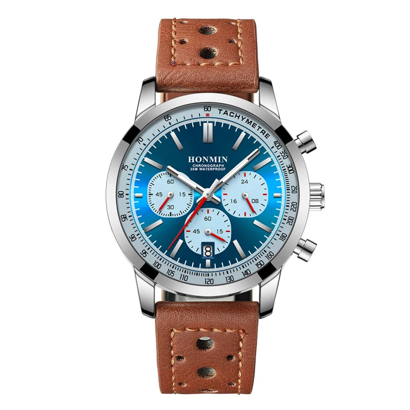 HONMIN Man Luxury Watch High Quality Waterproof Chronograph Luminous Men's Wristwatch Leather Men Quartz Watches Casual Clock