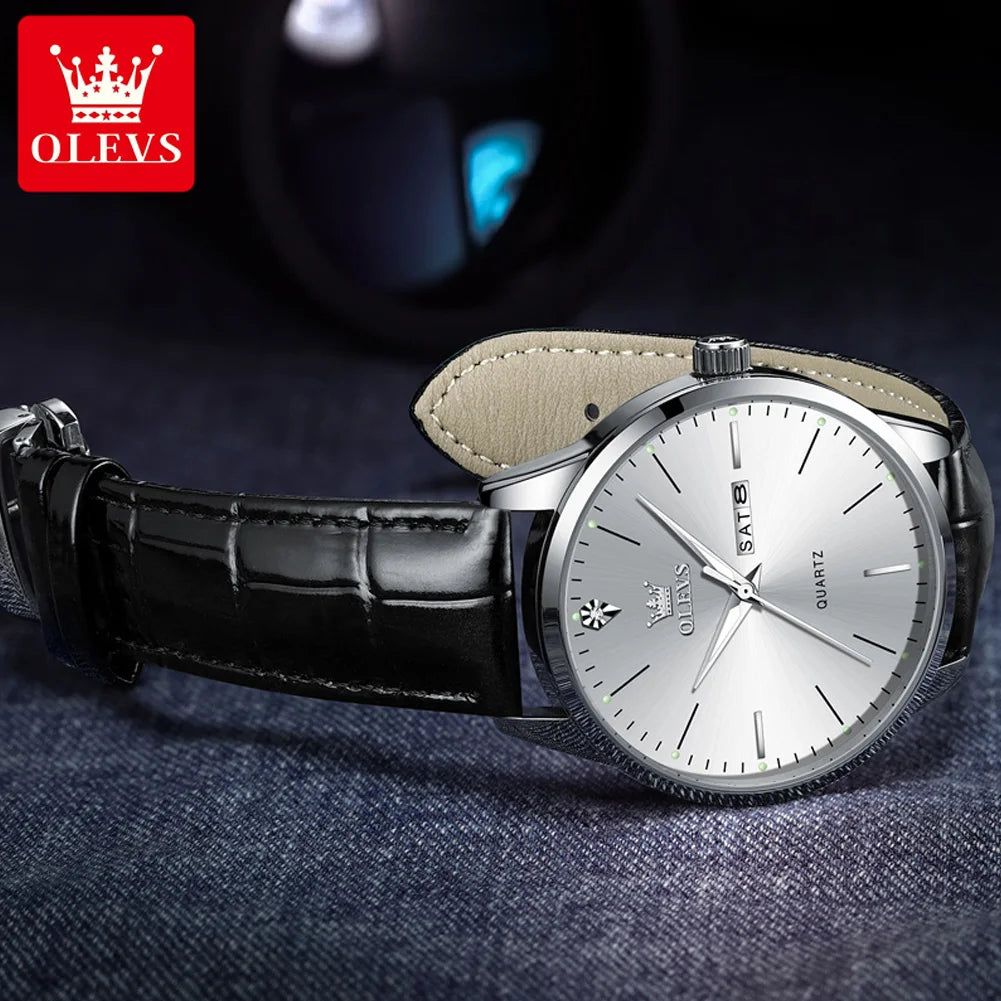 OLEVS 2935 Men's Watch Dual Calendar Waterproof Luminous Quartz Watch For Men 43mm Big Dial Leather Fashion Business Wristwatch