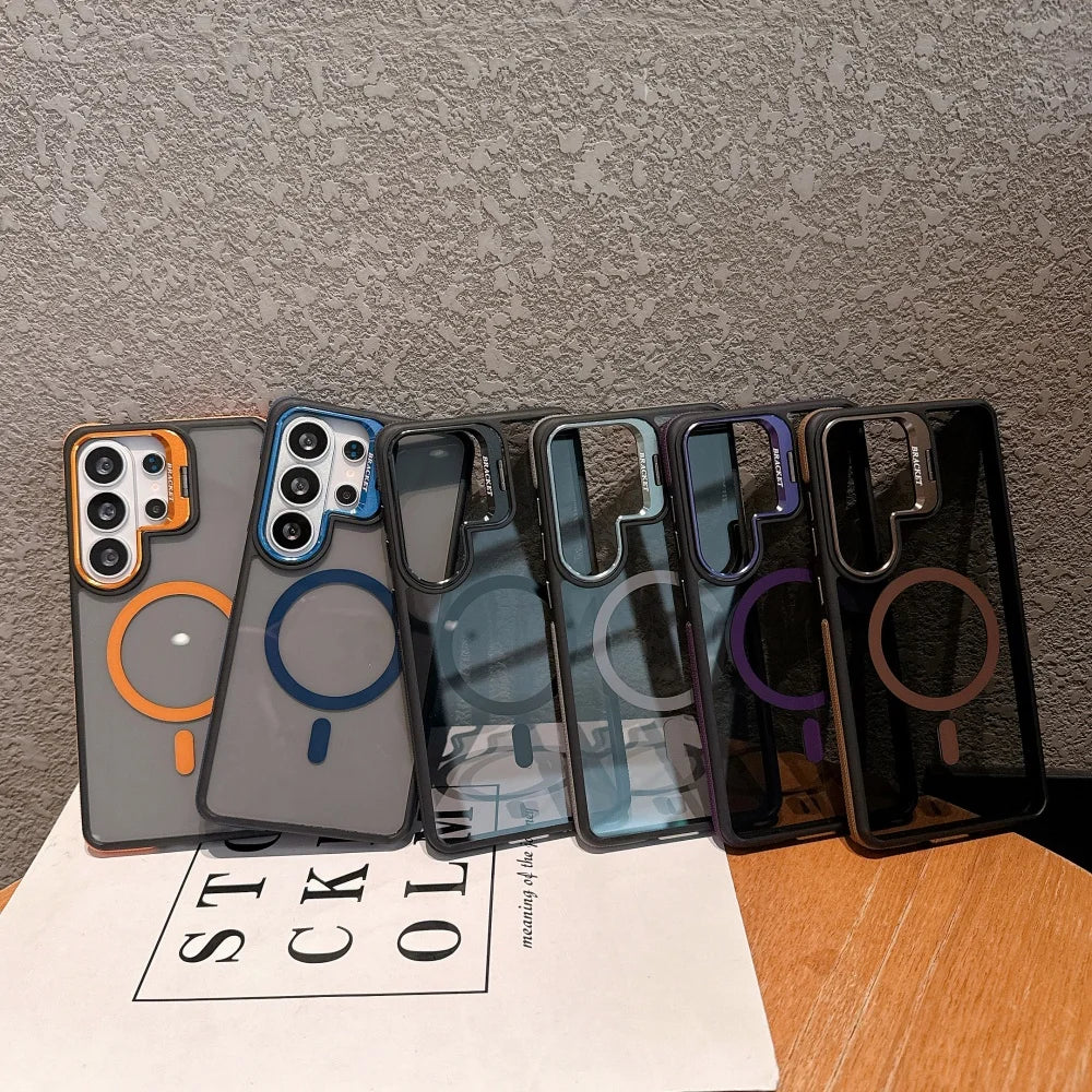 Flip Metal Lens Holder Case for Samsung Galaxy S26 Ultra S25 S22 S24 S23 Ultra FE S26 Edge Plus Magnetic Wireless Charging Cover