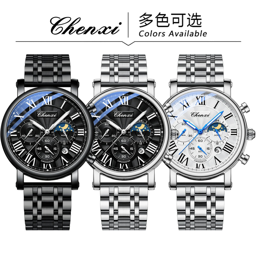 CHENXI 973 Multi-function Business Moon Phase Date Waterproof Rome Analog Imported Men Wristwatch Dial Quartz Leather Watches