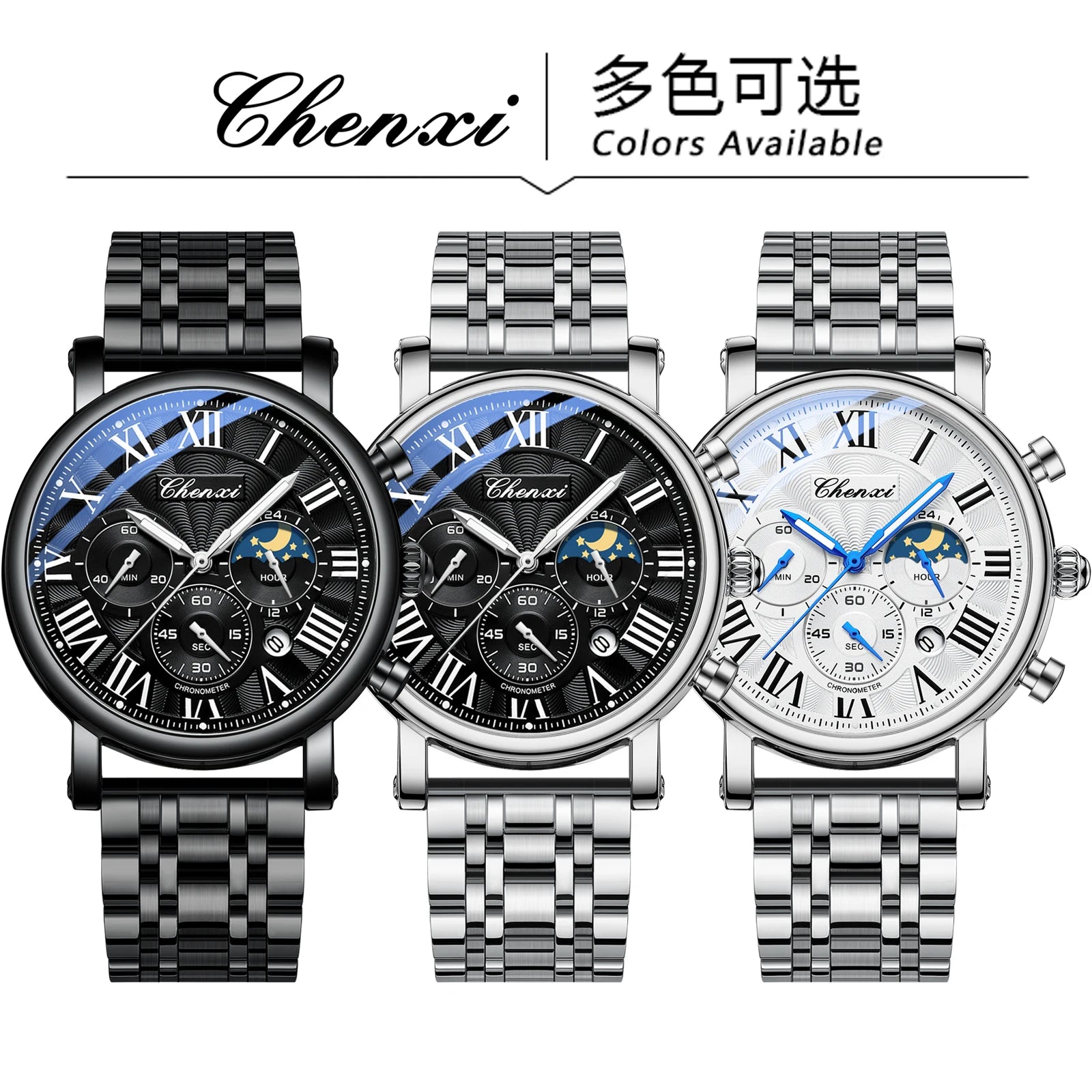 CHENXI 973 Multi-function Business Moon Phase Date Waterproof Rome Analog Imported Men Wristwatch Dial Quartz Leather Watches