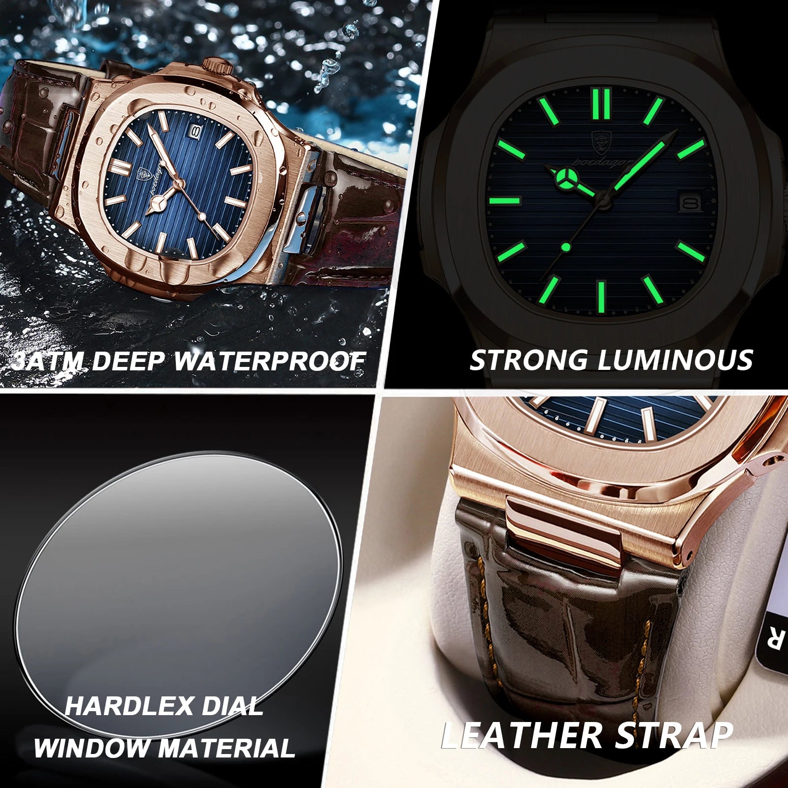 POEDAGAR Business Man Watch Date Waterproof Luminous Leather Classic Watches For Men High Quality Square Quartz Men's Wristwatch
