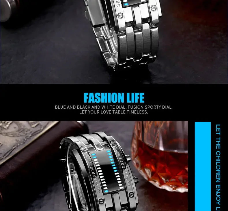 Men Watch 50m Waterproof Lava Watch Double Row Lamp Led Watch Male Binary Steel Band Electronic Sport Watch Relogios Masculino