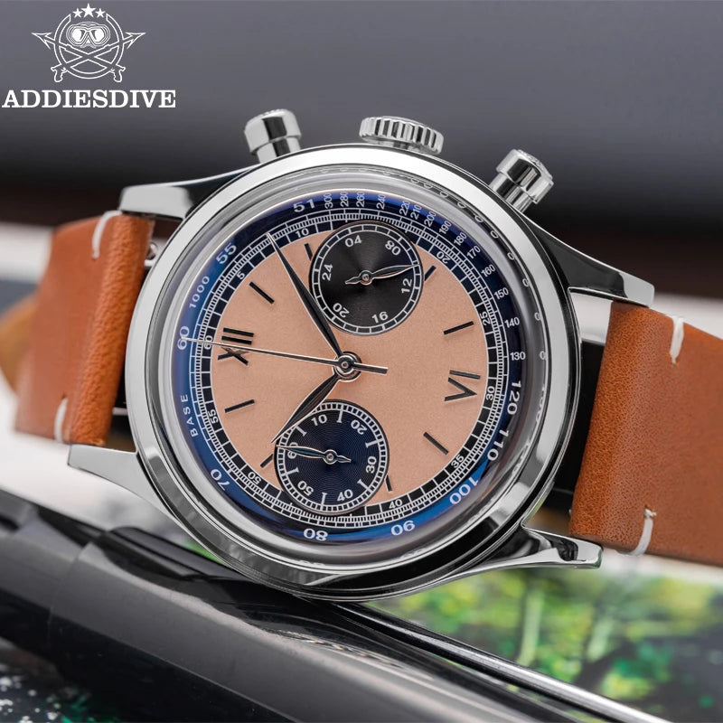 ADDIESDIVE AD2037 VK64 Multifunctional Chronograph Watch 10Bar Waterproof Mens Leather Watch Quartz Watches Reloj Hombre