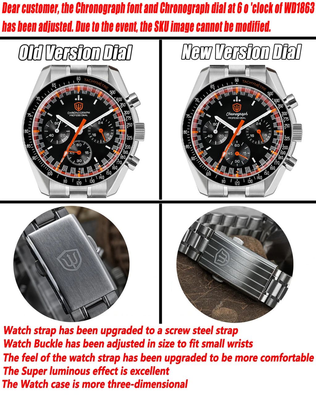 Watchdives WD1863 Quartz Watch VK63 Chronograph Movement Bubble Sapphire Crystal 10Bar Waterproof Luminous 39mm Vintage Watches