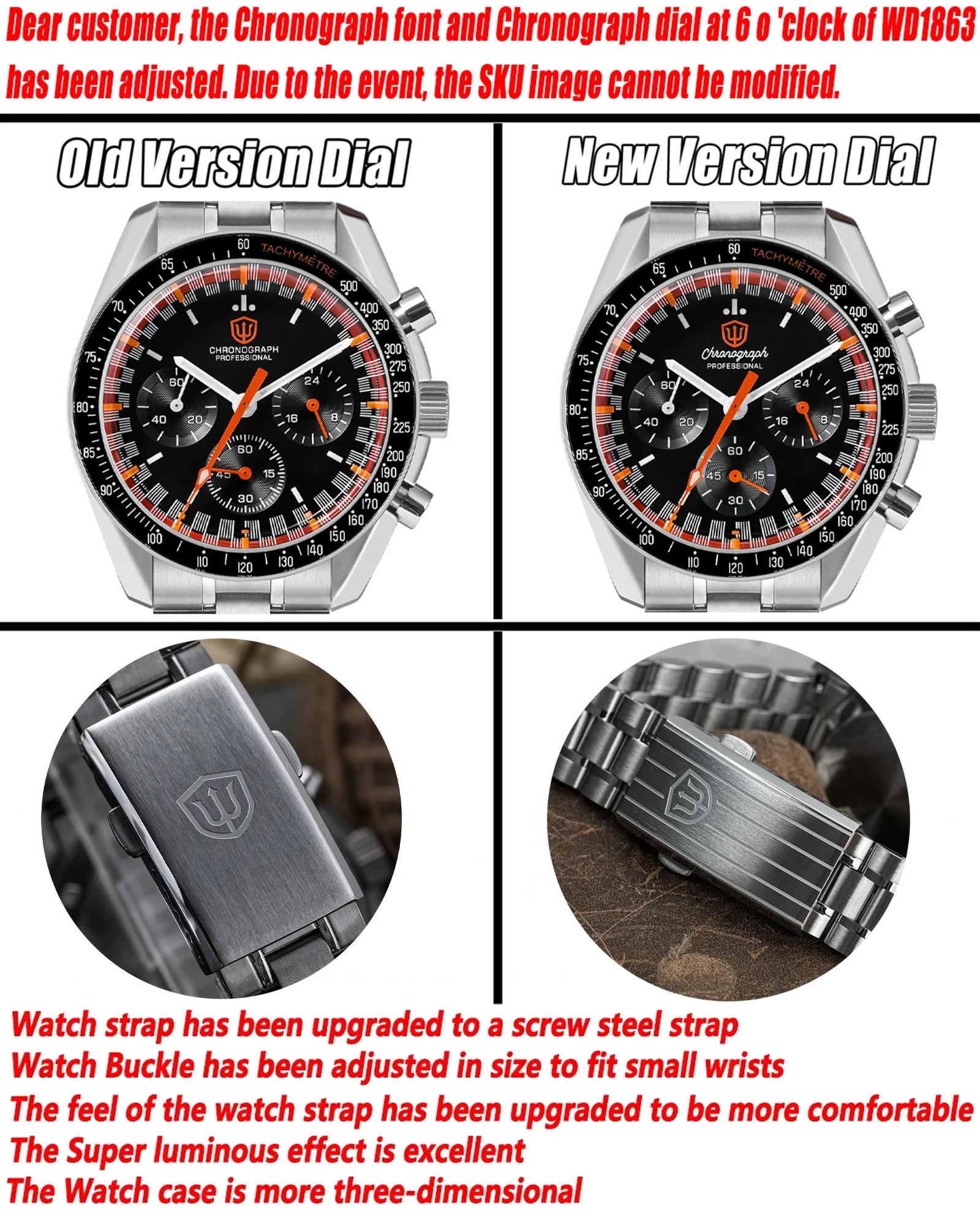 Watchdives WD1863 Quartz Watch VK63 Chronograph Movement Bubble Sapphire Crystal 10Bar Waterproof Luminous 39mm Vintage Watches