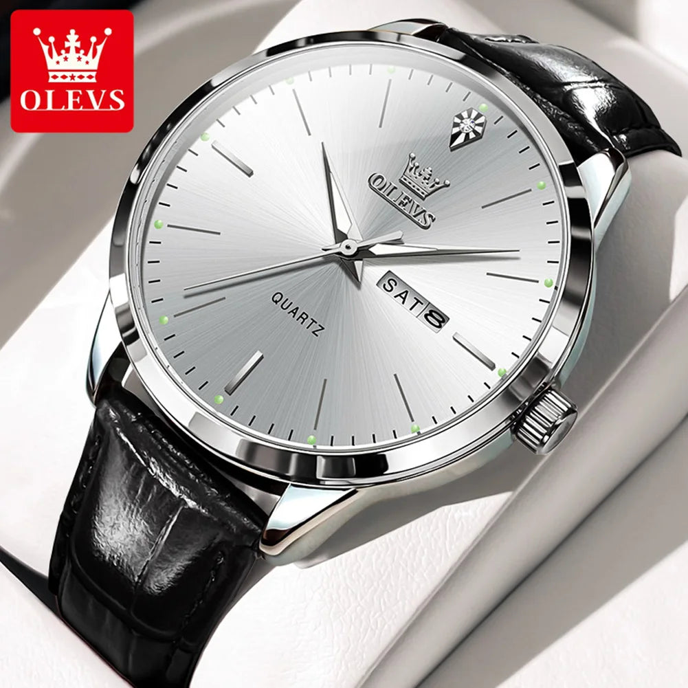 OLEVS 2935 Men's Watch Dual Calendar Waterproof Luminous Quartz Watch For Men 43mm Big Dial Leather Fashion Business Wristwatch