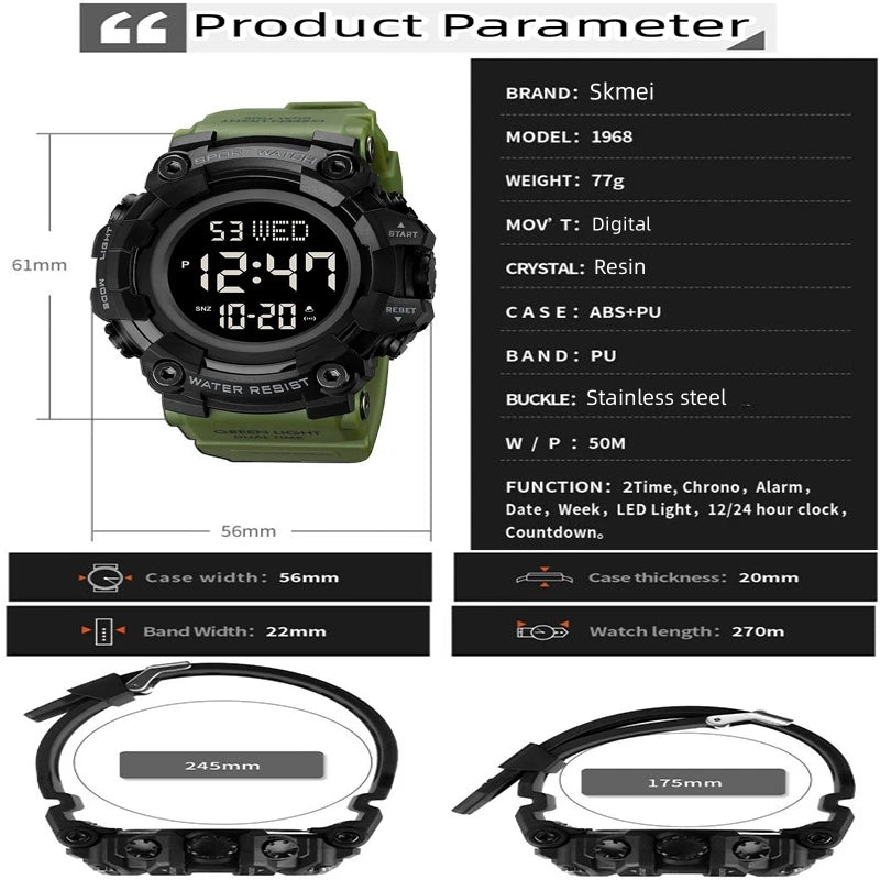Skmei Luxury Fashion Sports Watches Men Waterproof Stopwatch Dual Time Digital Wristwatch Big Dial Clock Reloj Hombre
