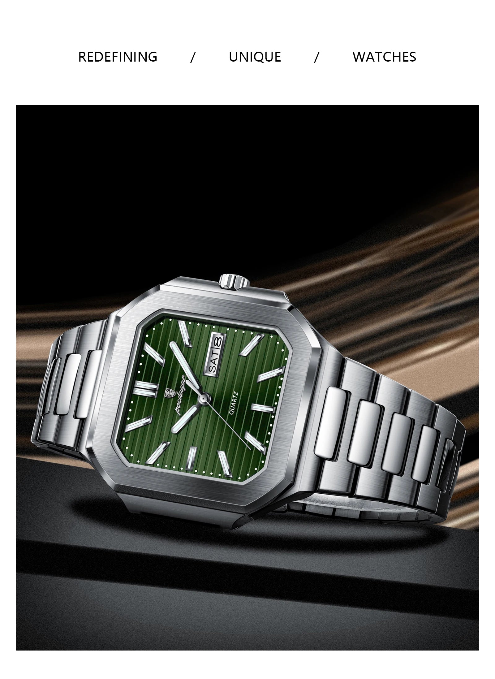 POEDAGAR Luxury Square Male Watch Waterproof Luminous Date Week Quartz Watches For Men Stainless Steel Fashion Men's Clock Reloj