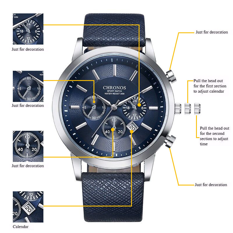 CHRONOS Mens Watches Male Sport Business Quartz Wristwatch  Dress Leather Clock Causal Military Timepiece Relogio Masculino
