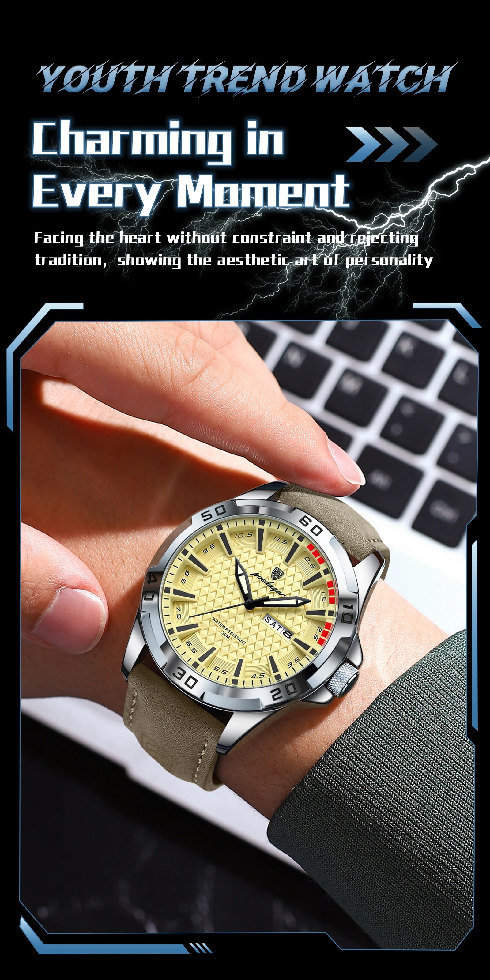 POEDAGAR Top Casual Sports Men Watch Waterproof Luminous Date Week Fashion Watch For Man Leather Classic Men's Quartz Wristwatch