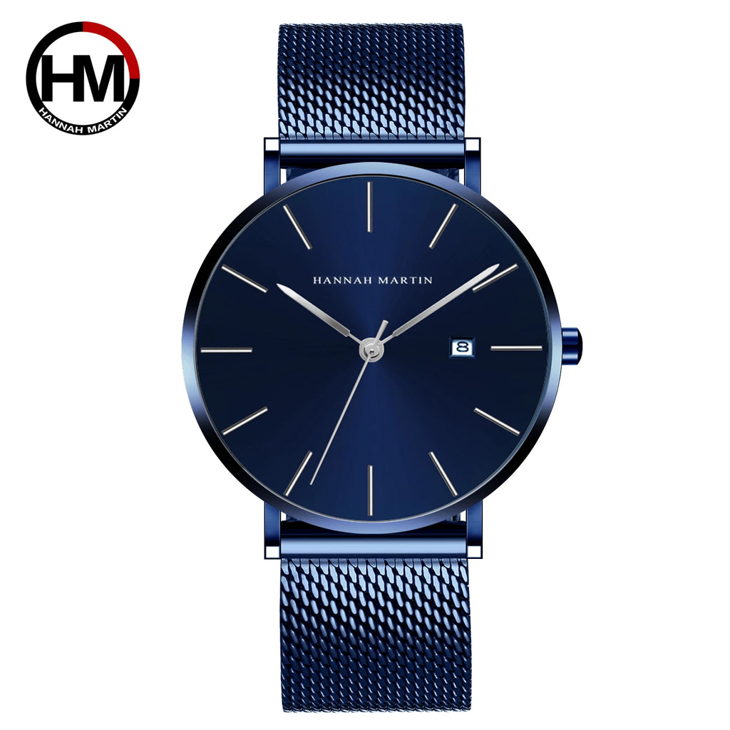 Men Dropshipping Wristwatch Hannah Martin Japan Movement 40mm Blue Minimalist Casual Leather Top Brand 3Bar Luxury Watch for Men